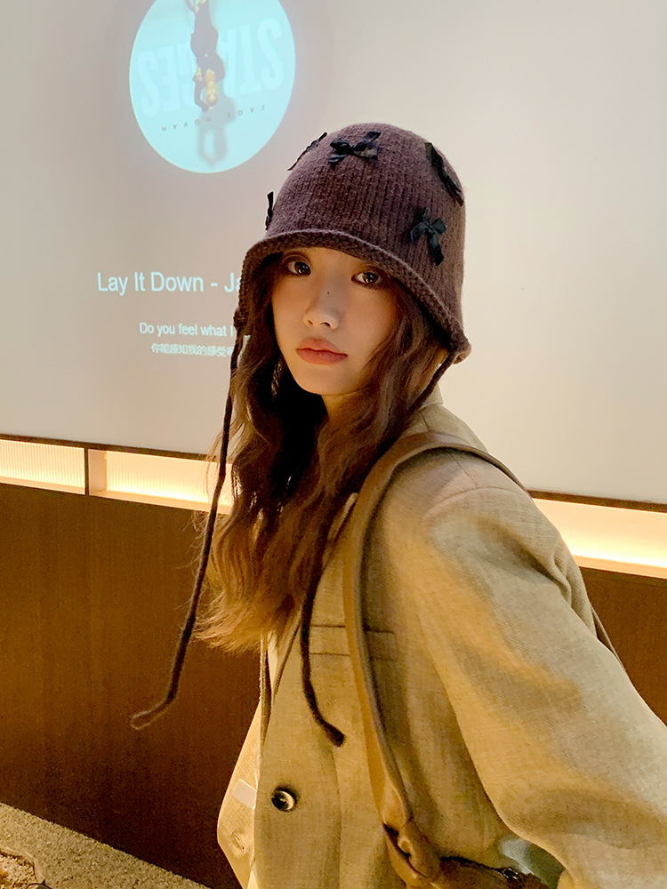 Hin Likes It! Han! Cute Bow Knitted Fisherman Hat Women's Autumn and Winter Face-Looking Braid Wool Bucket Hat