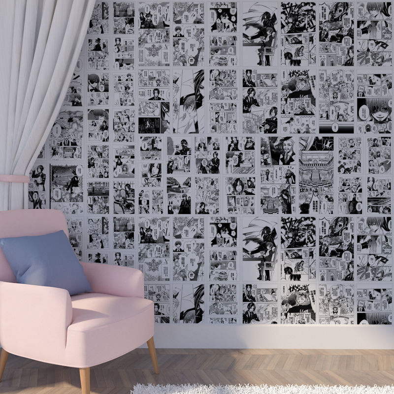 黑白漫画卡通墙纸风免打孔自粘贴纸男女生宿舍卧室背景墙壁纸