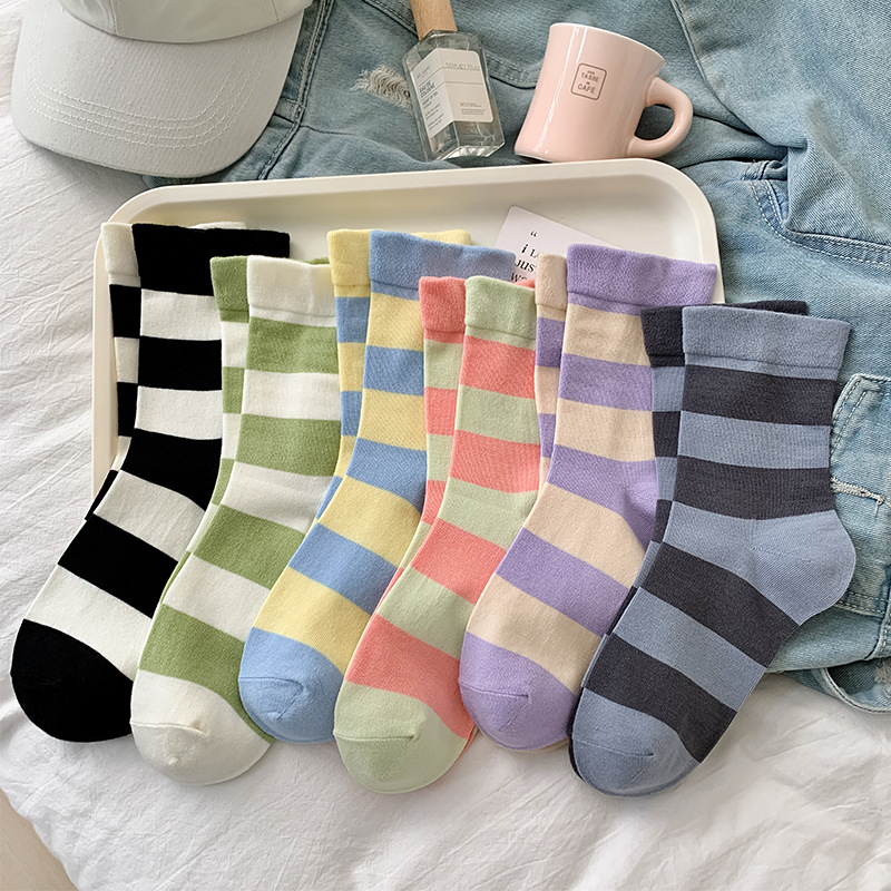 Socks Women‘s Mid Tube Stockings Types A and B Irregular Stripes Women‘s Stockings New Ins Trendy Combed Cotton Maternity Socks