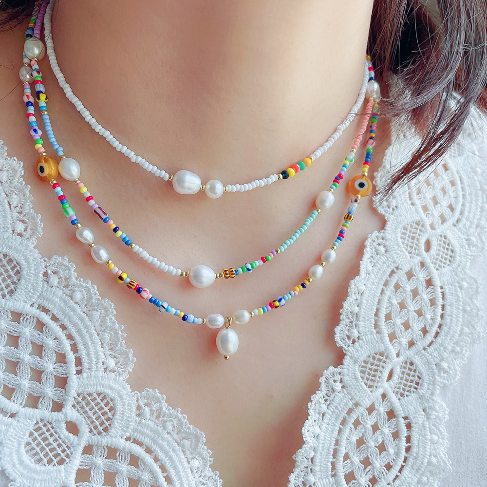 韩国时尚淡水珍珠饰品小众彩色串珠项链批发不掉色超细米珠锁骨链