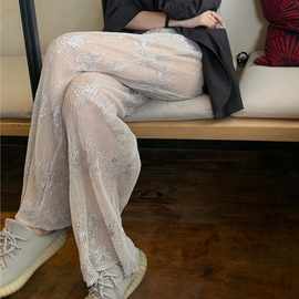 大码女装2-300斤设计感蕾丝宽松阔腿裤夏季胖mm透明薄款休闲裤子