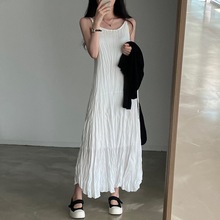 韩国ins夏日清凉简约气质褶皱设计纯色内搭吊带长裙连衣裙