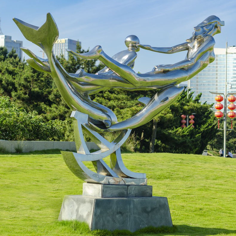 厂家制作大型不锈钢雕塑户外校园绿地美人鱼海豚组合雕塑落地摆件