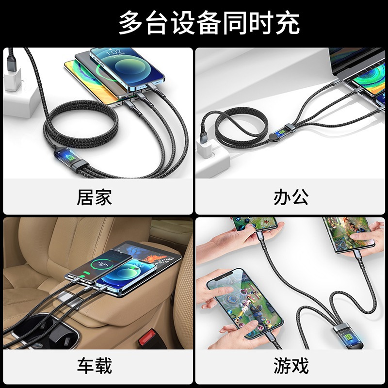 Transparent Luminous Three-in-One Data Cable 100W Fast Charge for Apple Android Huawei Xiaomi Three-in-One Charge Cable