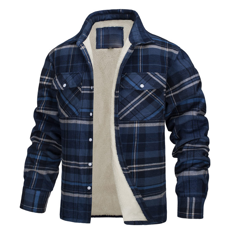 Fleece-lined Men's Jacket 2023 New Amazon Long Sleeve Lapel Plaid Plush Lined Single Breasted Baggy Coat