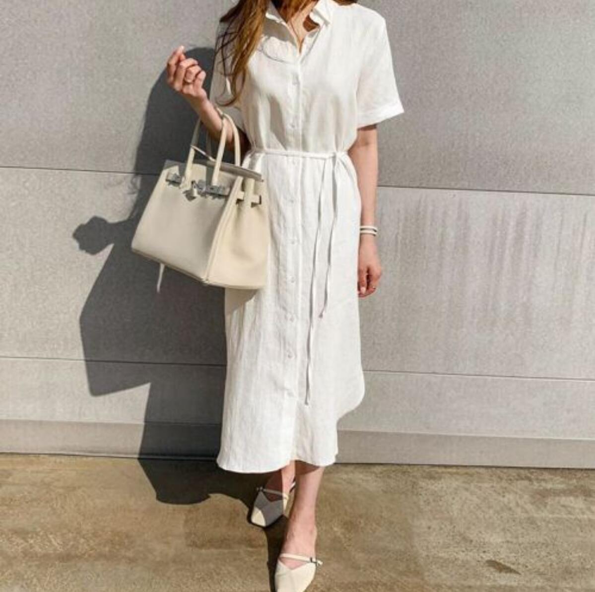 2024 Korean Style Simple Loose Lace-up Waist-Tight Single-Breasted Short Sleeve Linen Shirt Dress Women's Clothing