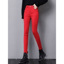 红色牛仔裤女2024年夏季薄款高腰修身显瘦小脚休闲裤直筒铅笔裤子