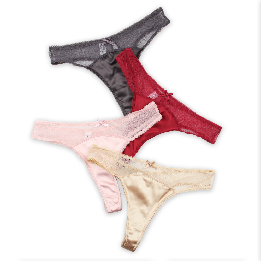 跨境新款 夏季仿真丝女士丁字裤蕾丝网纱缕空背性感t型裤女内裤