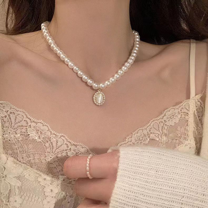 French Retro Imitation Pearl Opal Necklace Fashion Gradient Design Clavicle Chain Graceful Online Influencer Earings Set