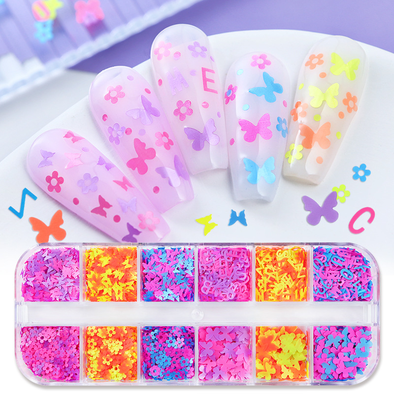 12 Grid Boxed Color Shaped Sequins Butterfly Love Heart Flowers XINGX Nail Art DIY Sequins Ornament Wholesale