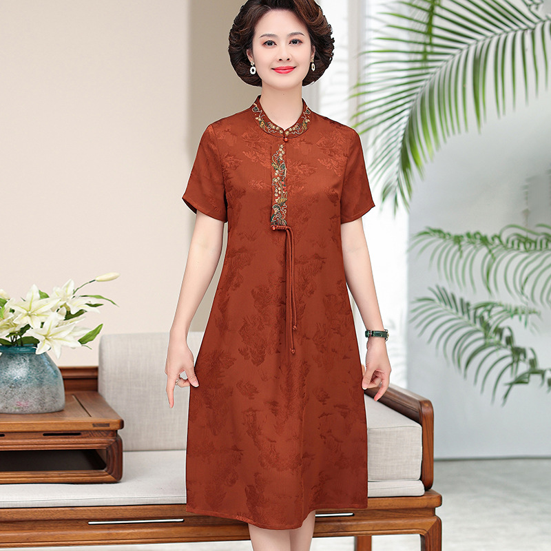 Mother's Summer 2023 New Noble Western Style Brand Artificial Silk Mulberry Silk Middle-Aged and Elderly People's Clothes Counter Dress