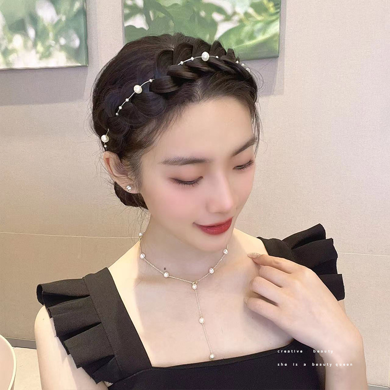 Internet Influencer Pearl Twist Braid Wig Hair Hoop Fishbone Plaits Fluffy Non-Slip Face Washing out High Skull Top Hairpin Hair Ornaments