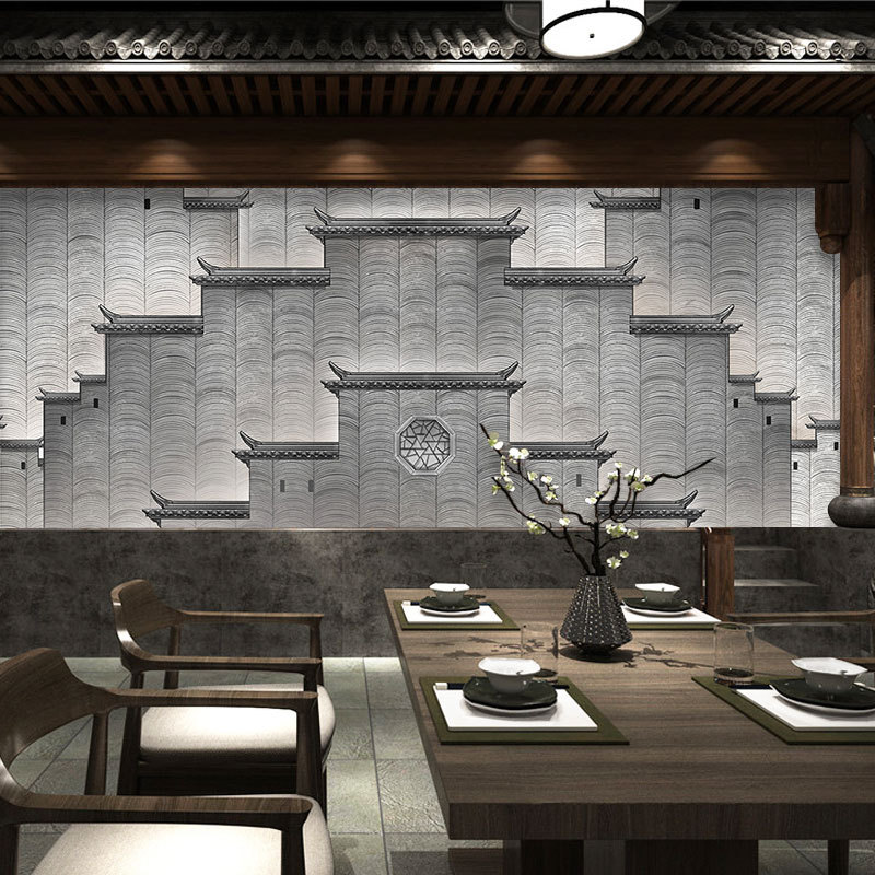 新中式徽派墙纸3d立体古典徽州建筑墙面装饰壁画餐厅火锅饭店壁纸