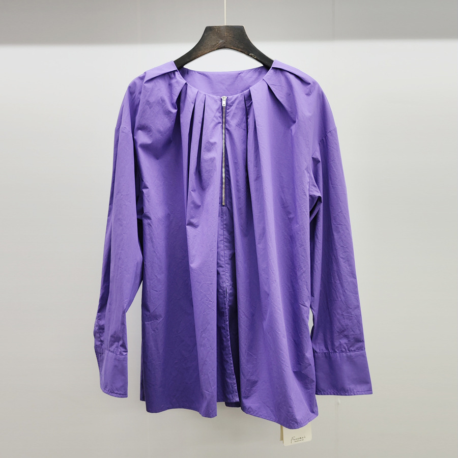 简洁马卡龙色紫色多褶圆领长袖衬衫罩衫衬衣上衣2023新款女装