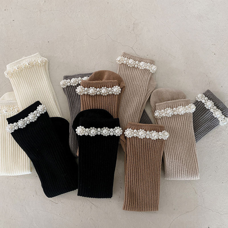 23ins Autumn New Kid's Socks High-End Pearl Princess Style Elegant Retro Girls'socks Cotton Middle Tube Socks British Style