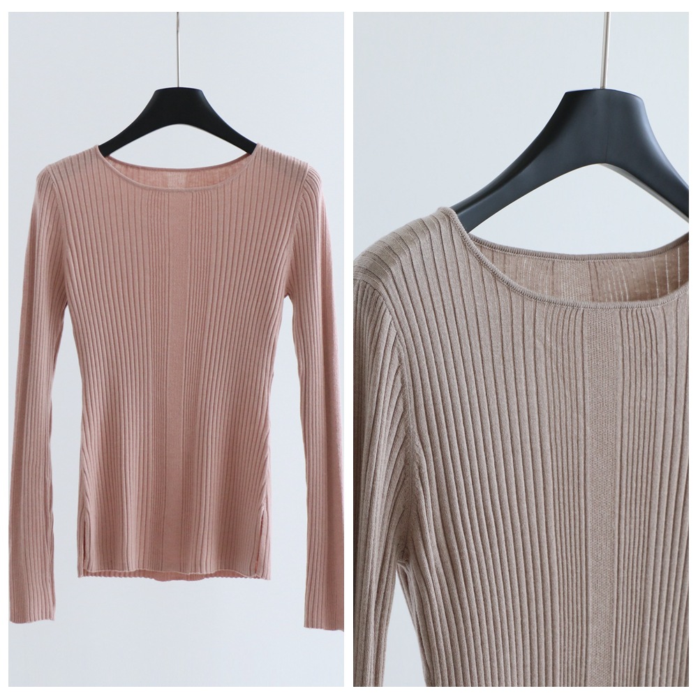 不规则坑条14针圆领长袖针织衫羊毛混纺打底衫秋冬女装修身套头