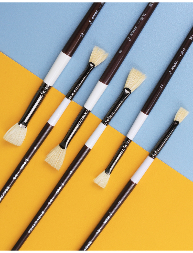 一画乐桦木杆长杆猪鬃扇形笔 批发拼色画笔猪毛油画笔猪鬃扇形笔