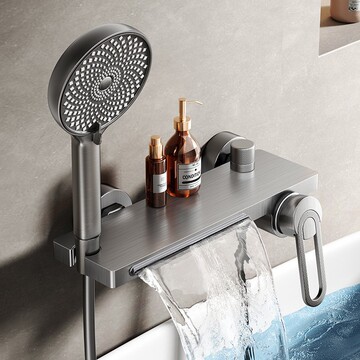 全铜浴缸专用花洒枪灰色冷热龙头带置物浴室挂墙瀑布出水淋浴套装