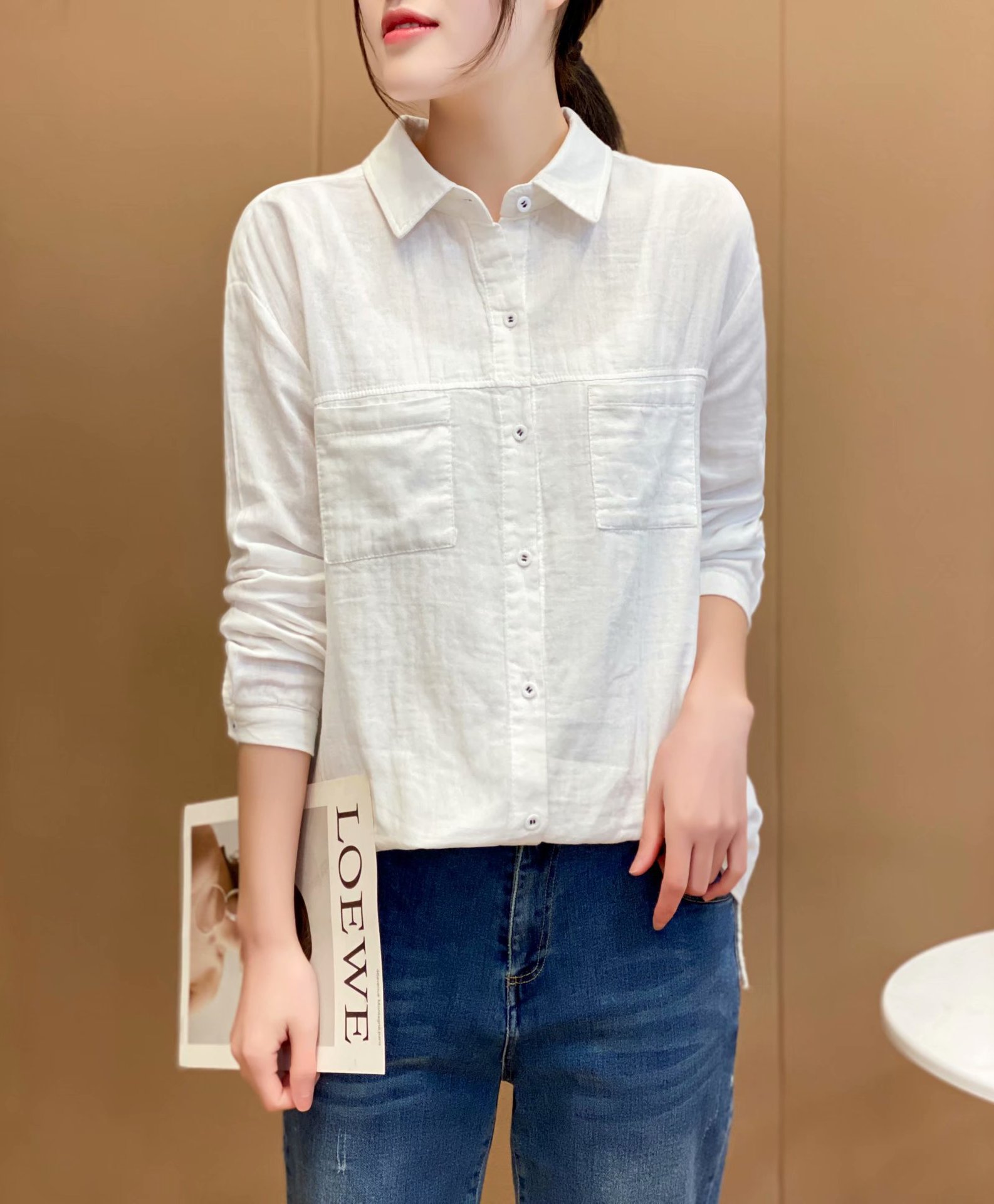 纯色休闲基础款双口袋棉纱长袖衬衫女2021年秋装宽松薄款上衣