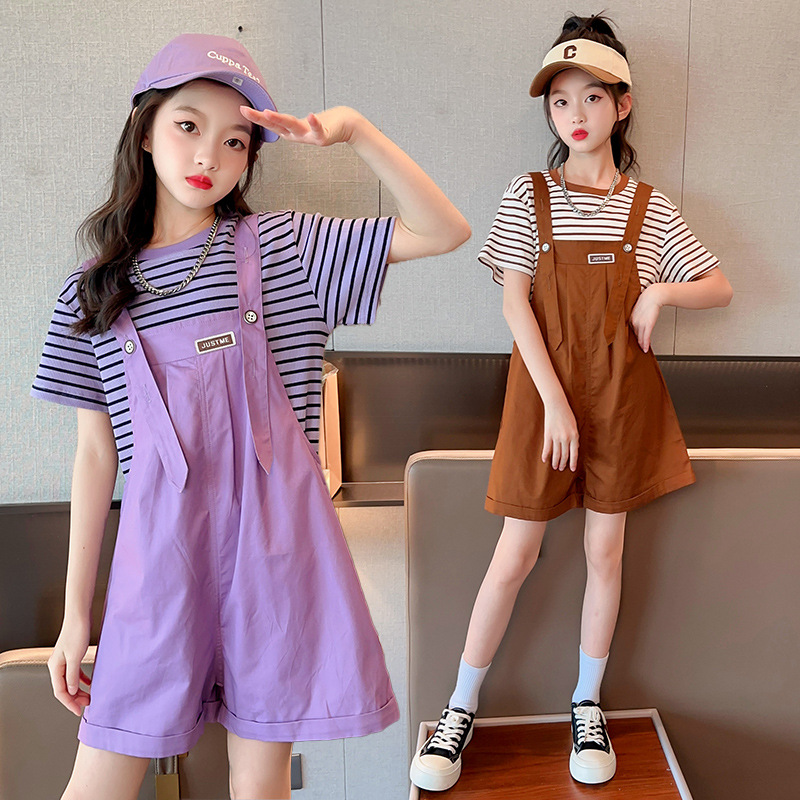 女大童背带裤套装夏装吊带短裤条纹短袖两件套韩版洋气小女孩衣服