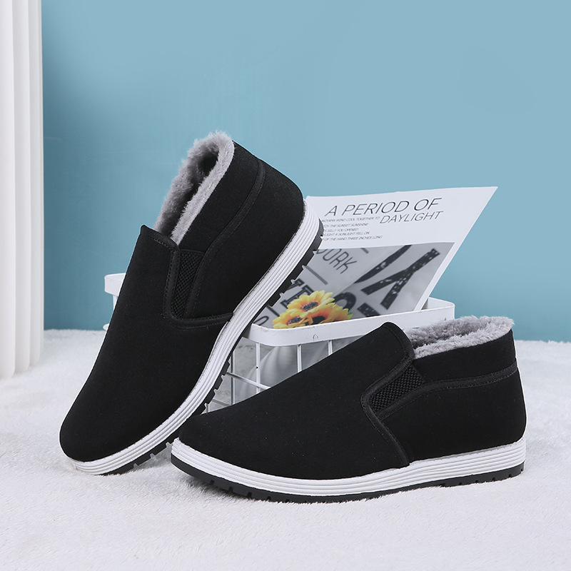 Winter Fleece-lined Thick Old Beijing Cloth Shoes Men's Cotton-Padded Shoes Warm and Comfortable Slip-on Lazy Shoes Work Cotton Shoes