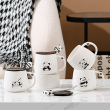 卡通熊猫带盖带勺马克杯高颜值可爱水杯大熊猫馆旅游纪念咖啡杯