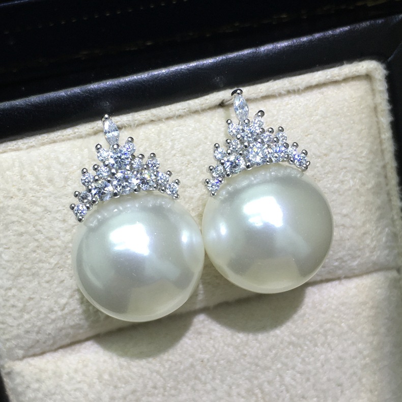 珍珠耳环批发 s925银母贝珠冰雪女王耳钉 14mm正圆母贝珠耳坠