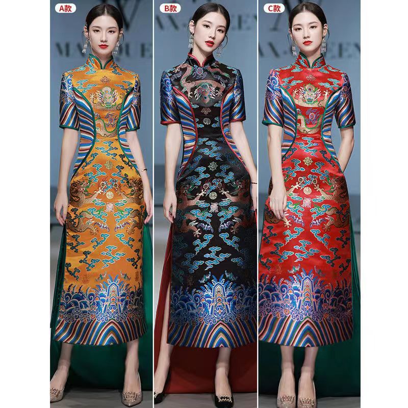 中国风模特走秀旗袍长款演出舞台服高端大气复古主持人年会礼服女