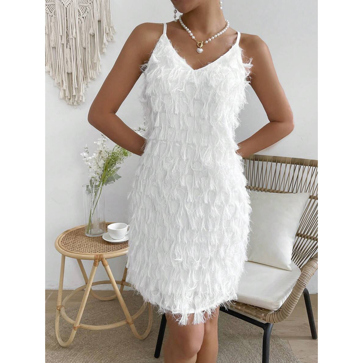 2024年亚马逊新款shein privé 多层流苏装饰细肩带连衣裙-阿里巴巴