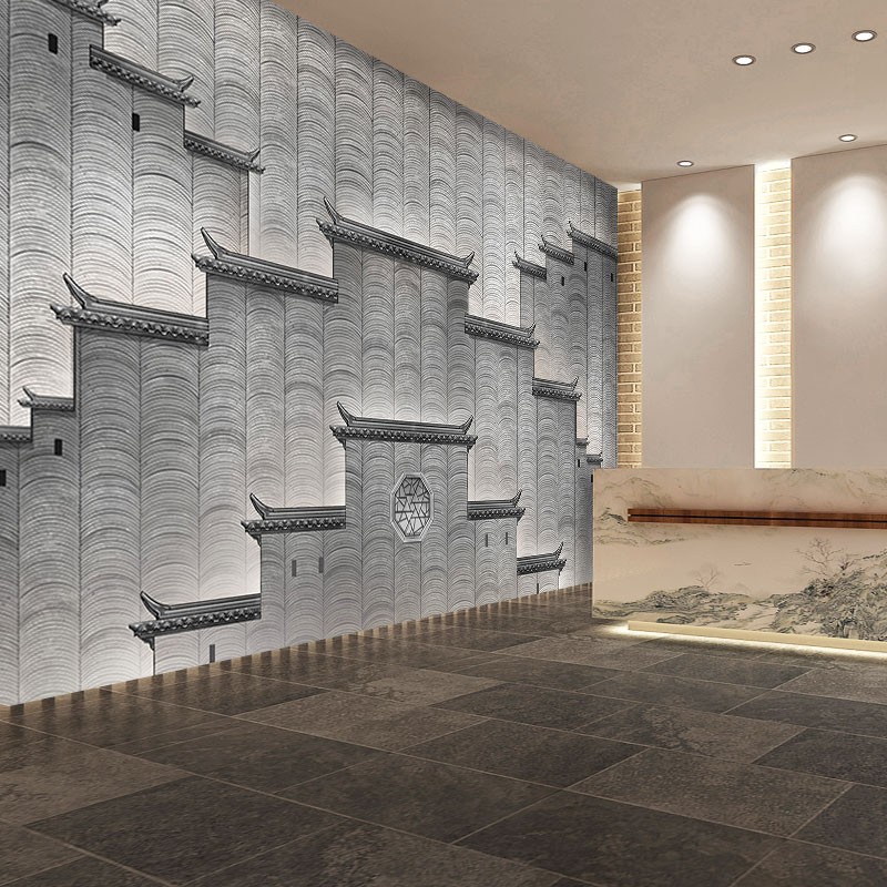 徽派建筑屋檐墙纸餐厅背景墙壁画江南水乡火锅店酒楼饭店包厢壁纸