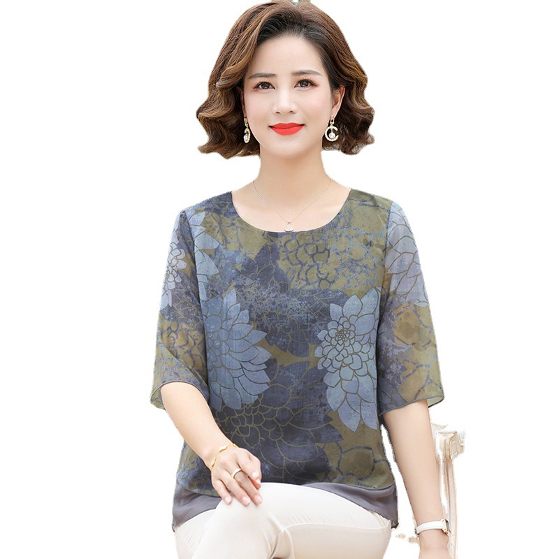 2023 Middle-Aged Mother Printed Chiffon Top Fashion T-shirt Middle-Aged and Elderly Women's Clothing Spring and Summer Half Sleeve Floral Blouse