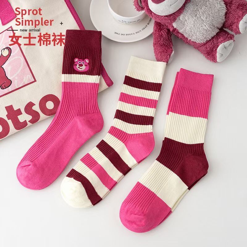 多巴胺玫粉色草莓熊高颜值袜子女堆堆袜ins潮可爱韩版学院风长袜