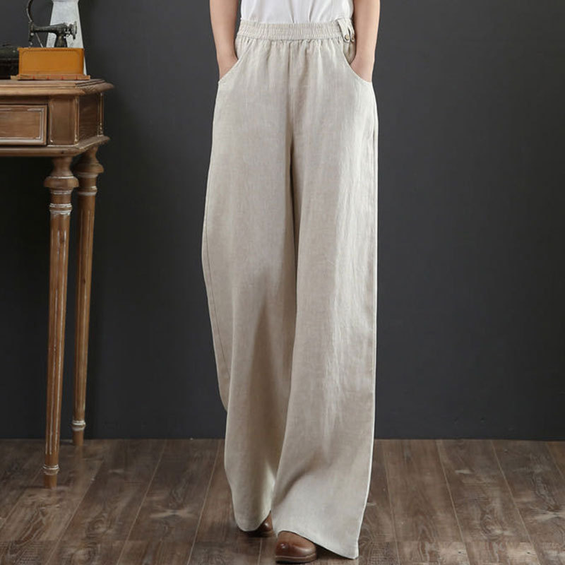 加绒亚麻阔腿裤秋冬加厚保暖裤女士宽松棉麻女裤高腰抽绳直筒长裤