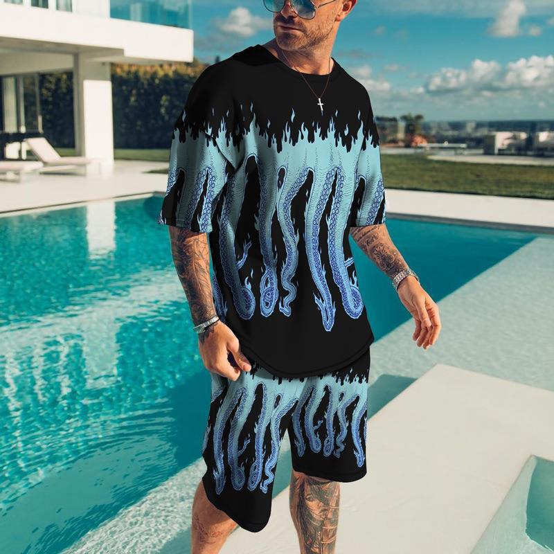 New Men's Korean Set 3D Printing Stylish Digital Printed T-shirt Casual Two-Piece Suit Factory Direct Sales