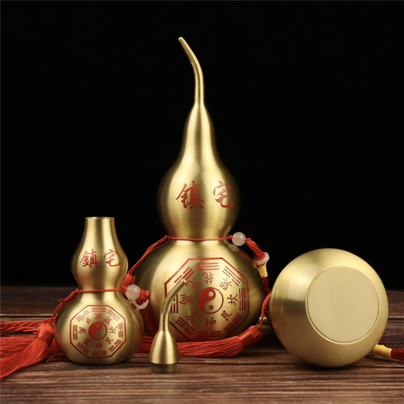 黄铜八卦葫芦摆件铜葫芦大小号八卦带盖开口铜葫芦家居装饰工艺品