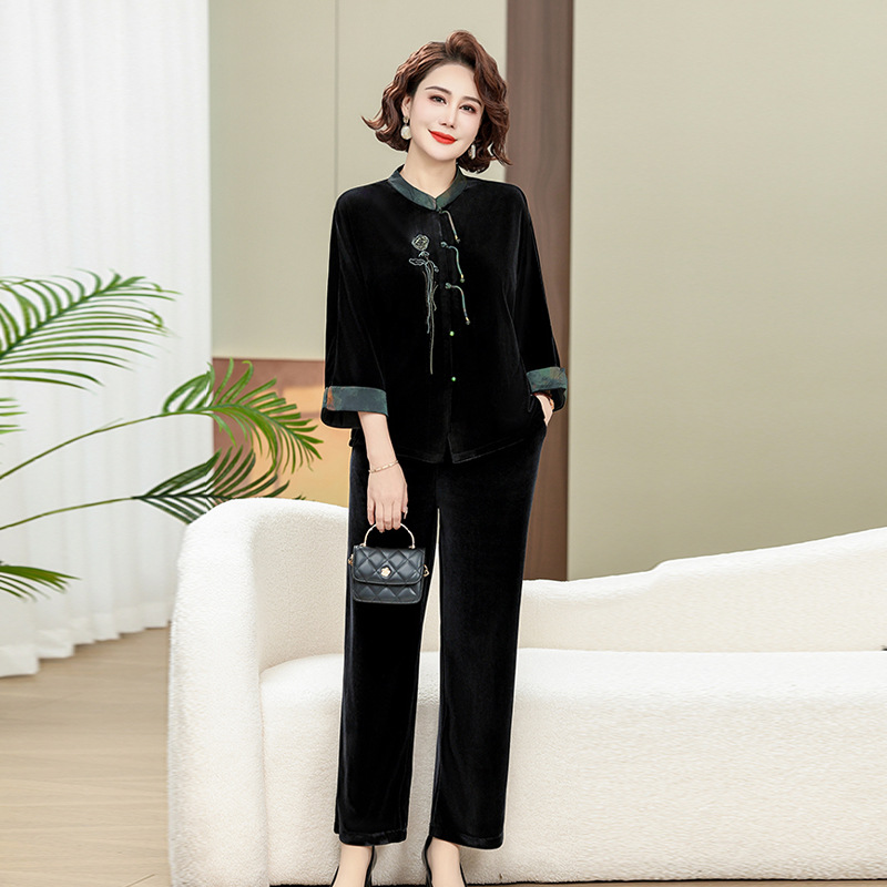 中老年人春季衣服女金丝绒国风套装妈妈春装女装50岁高级感两件套