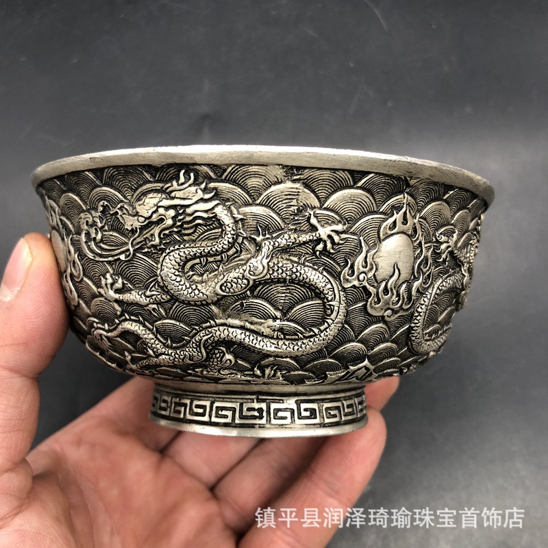 古玩古董杂项收藏大清乾隆年制浮雕双龙戏珠碗铜碗-阿里巴巴