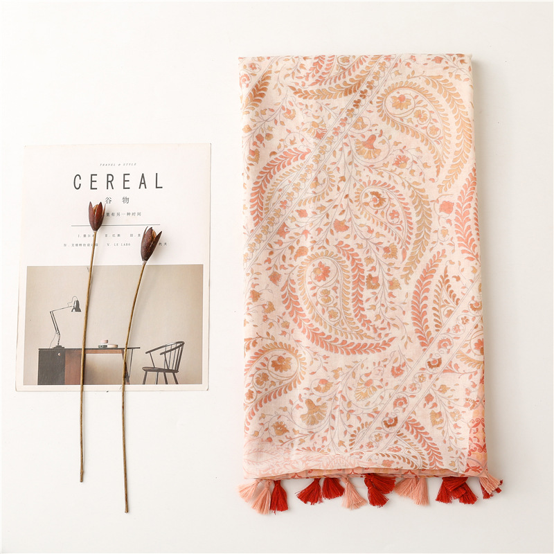 Yitao Scarf Creative Chinese Style Cotton and Linen Feel Scarf Women Orange Wheat Tassel Travel Beach Towel Shawl