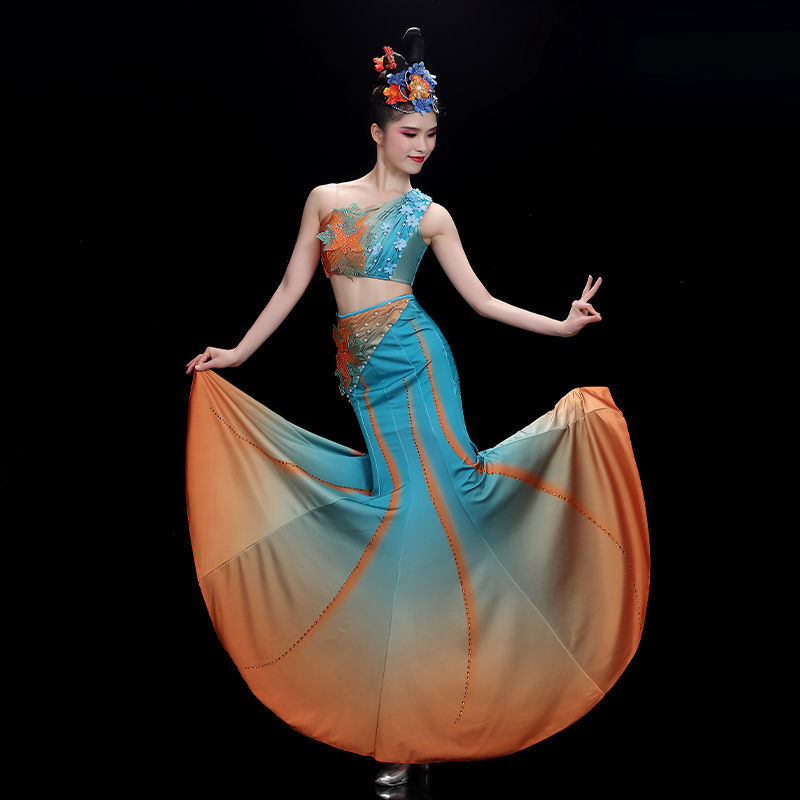 傣族表演舞蹈服装演出服女独舞艺考孔雀舞鱼尾裙云南西双版纳裙子