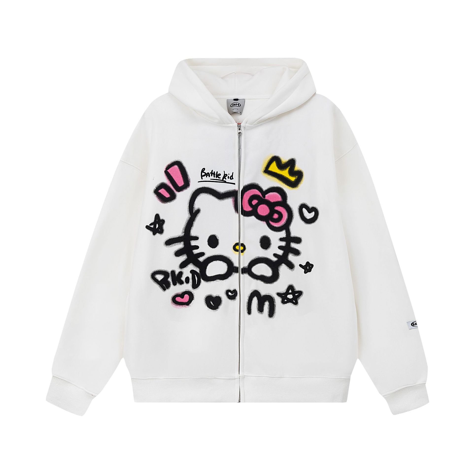 国潮简约开衫连帽卫衣可爱涂鸦kt猫印花宽松连帽衫男女款长袖外套