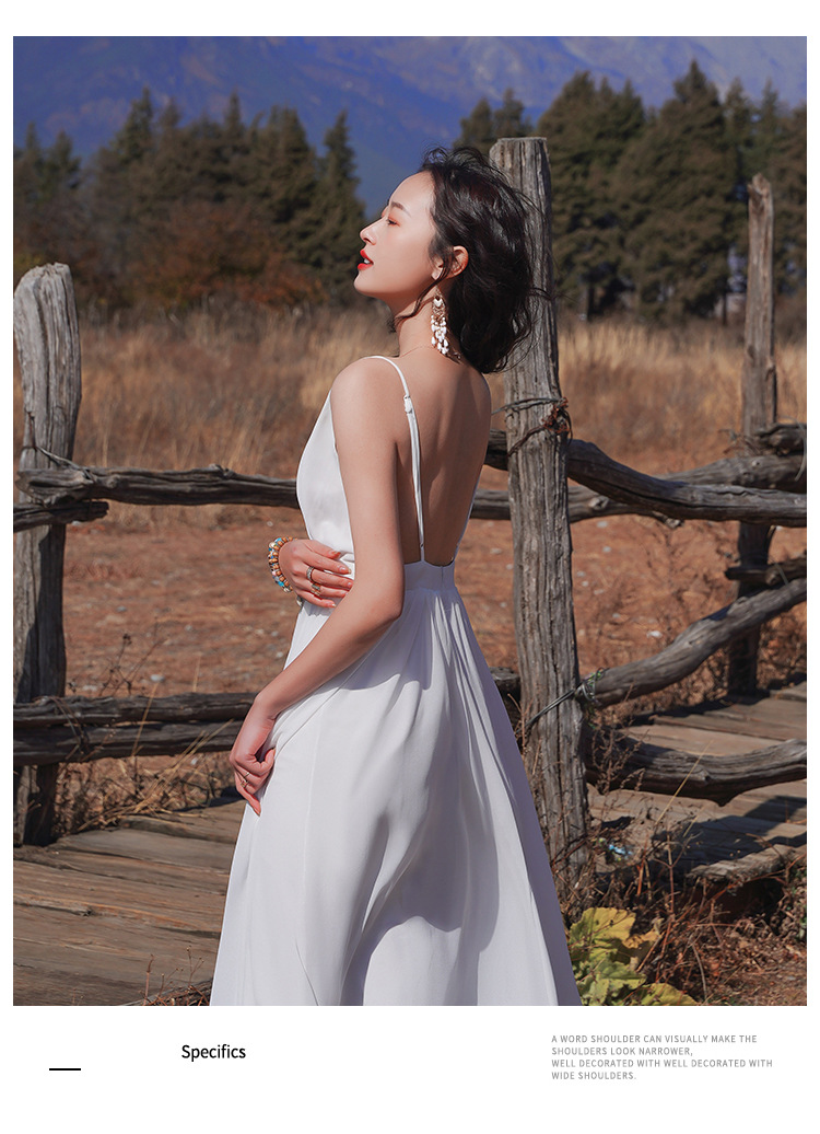 白色吊带露背连衣裙旅拍拖地长裙超仙波西米亚海边度假大摆沙滩裙