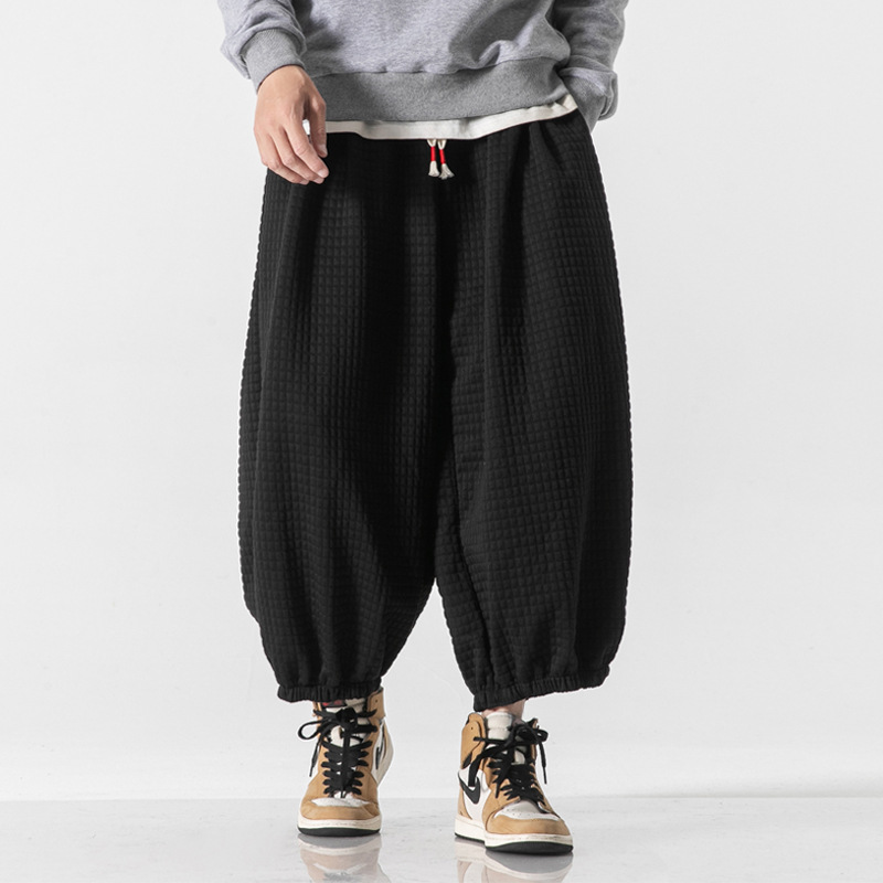 2021秋冬新款男士小格子纯色收口宽松中国风马裤大码阔腿灯笼裤