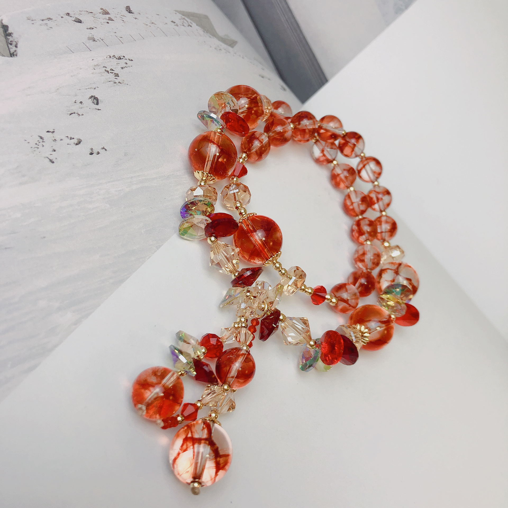 茶晶凤羽幽灵金发晶手链两圈奥地利水晶手串手工串珠饰品配饰首饰