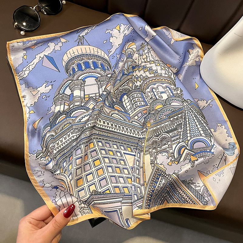 British Architecture Retro Spring and Summer Fashion 53cm Silk Scarf Women's Neck Protection Small Scarf Commuter Small Square Towel All-Matching