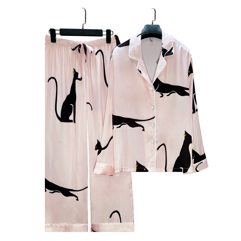 2023 Ice Silk Pajamas Women's Cardigan Long Sleeve Autumn Cartoon Cat Smooth Home Wear Suit
