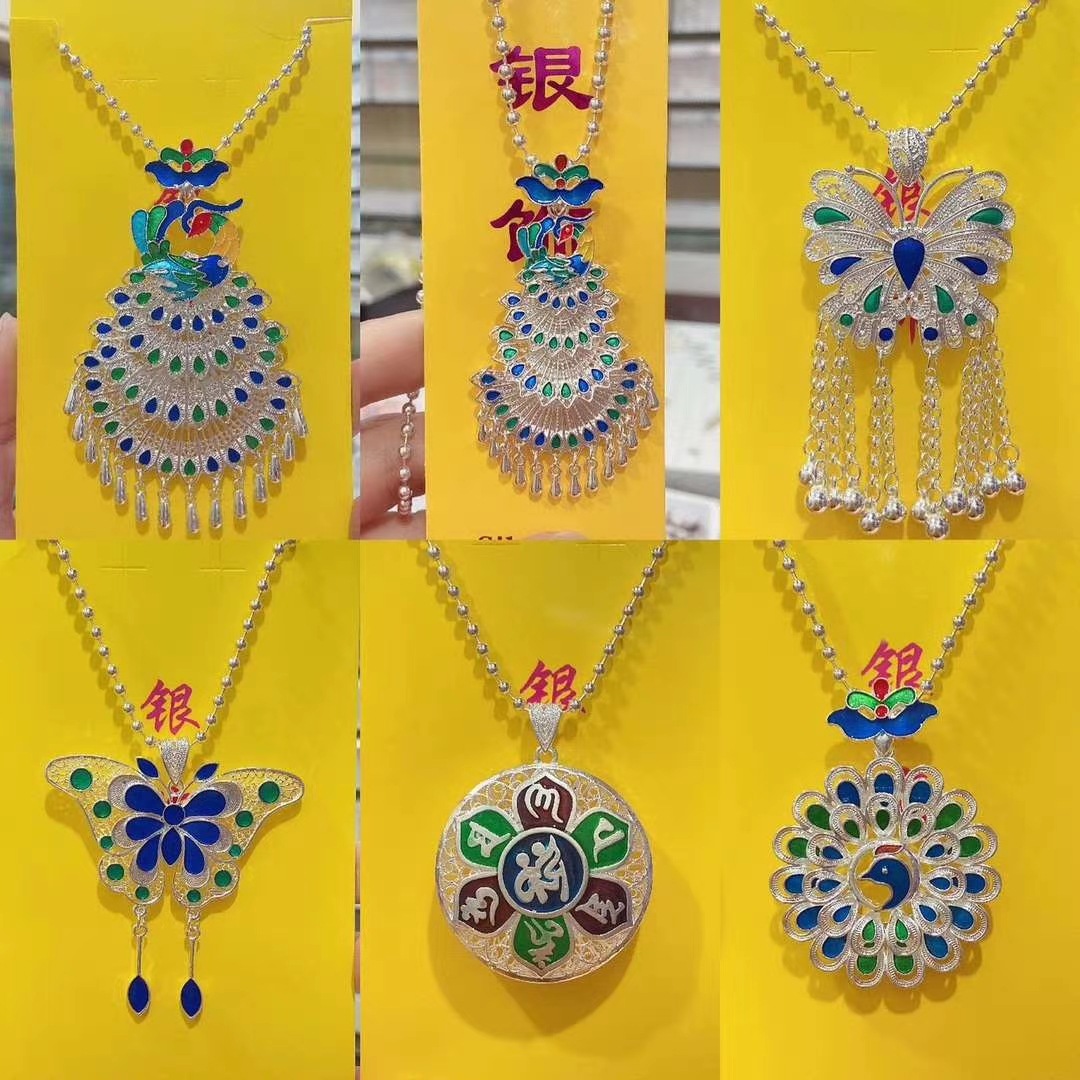 民族风苗银孔雀花朵毛衣链景泰蓝工艺镀银项链地摊会销银饰