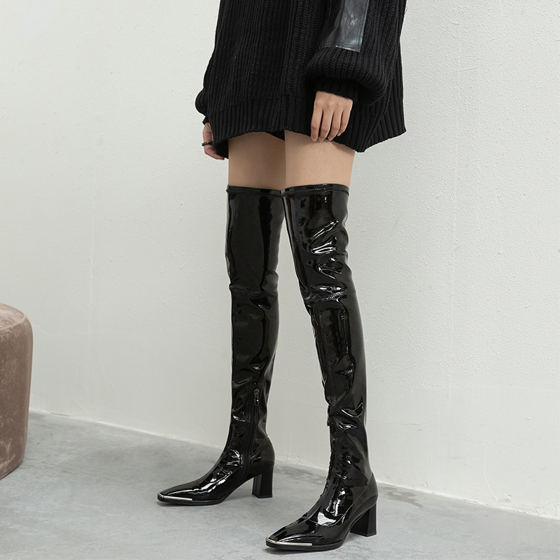 欧美皮靴方头粗高跟过膝长靴女漆皮弹力瘦瘦靴肯豆同款-阿里巴巴