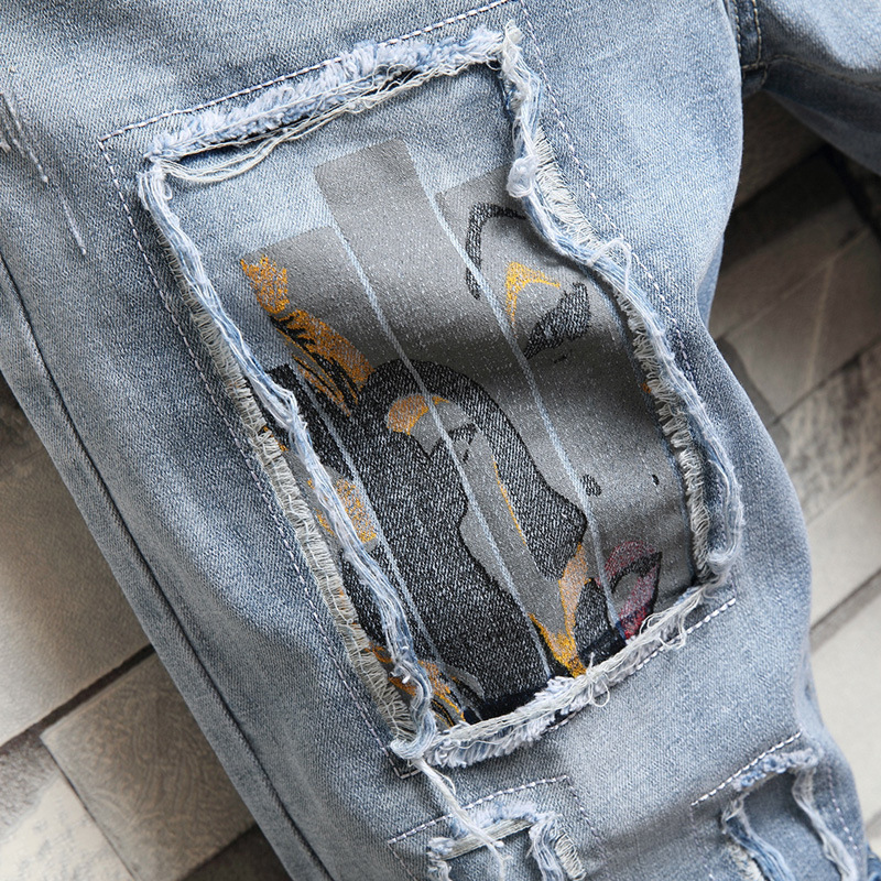 Japanese Fashion Brand Ins Hole & Patch Printed Denim Shorts Men's Pencil Pants Breeches Summer Men's Middle Jeans Denim Middle Pants
