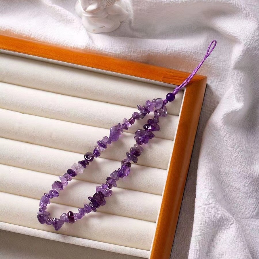 紫水晶手机链挂绳挂件女款长包钥匙扣吊坠指环手腕绳玉石腕带防丢
