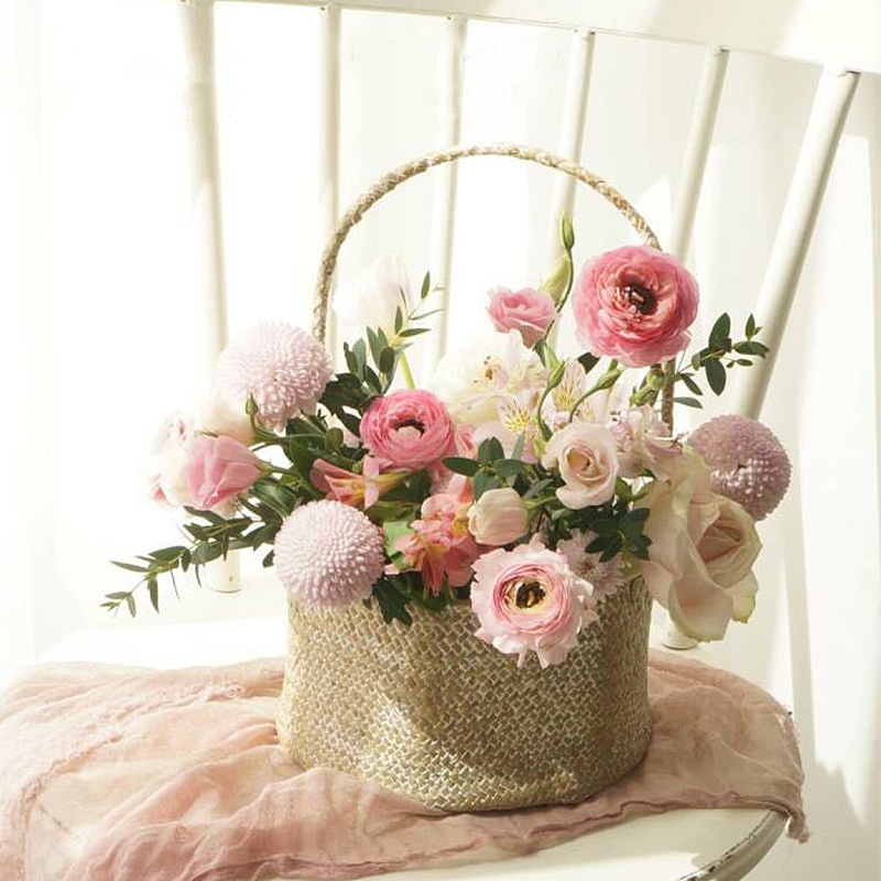 海草编织提手花篮客厅装饰篮花插手工带把圆形花蓝擦白色外贸批发